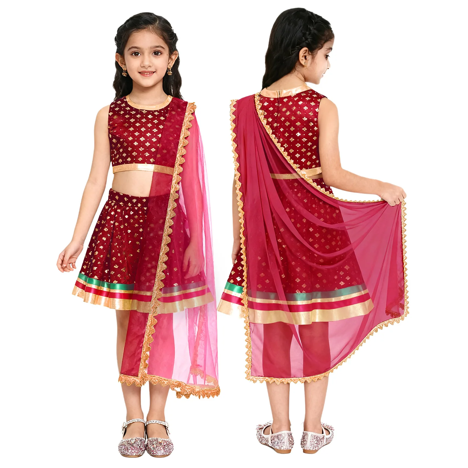 Girls Indian Traditional Ethnic Lehenga Choli Costume Set Metallic Print Crop Top with Skirt for Halloween Theme Party Festival
