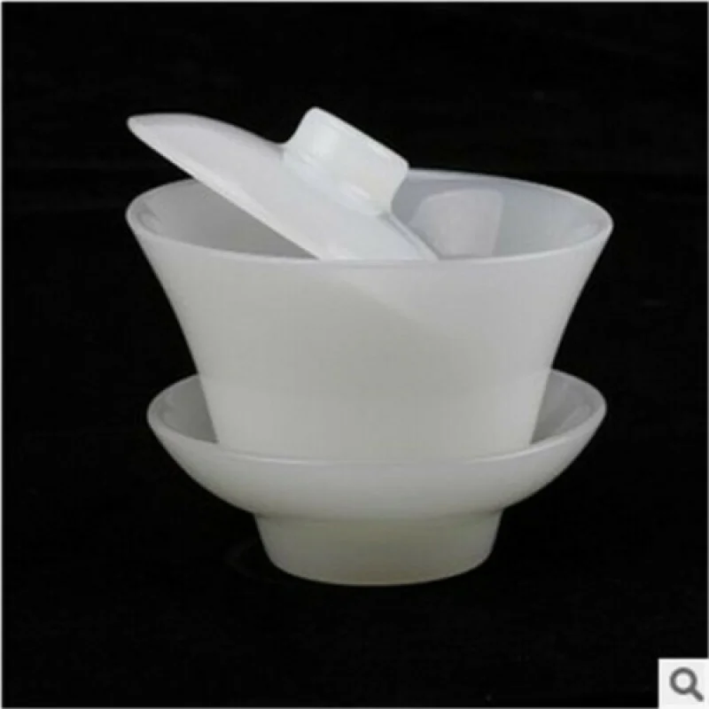 

Chinese Handmade Jade Carving Natural White Jade Cover a Bowl of Jade Tea Bowl