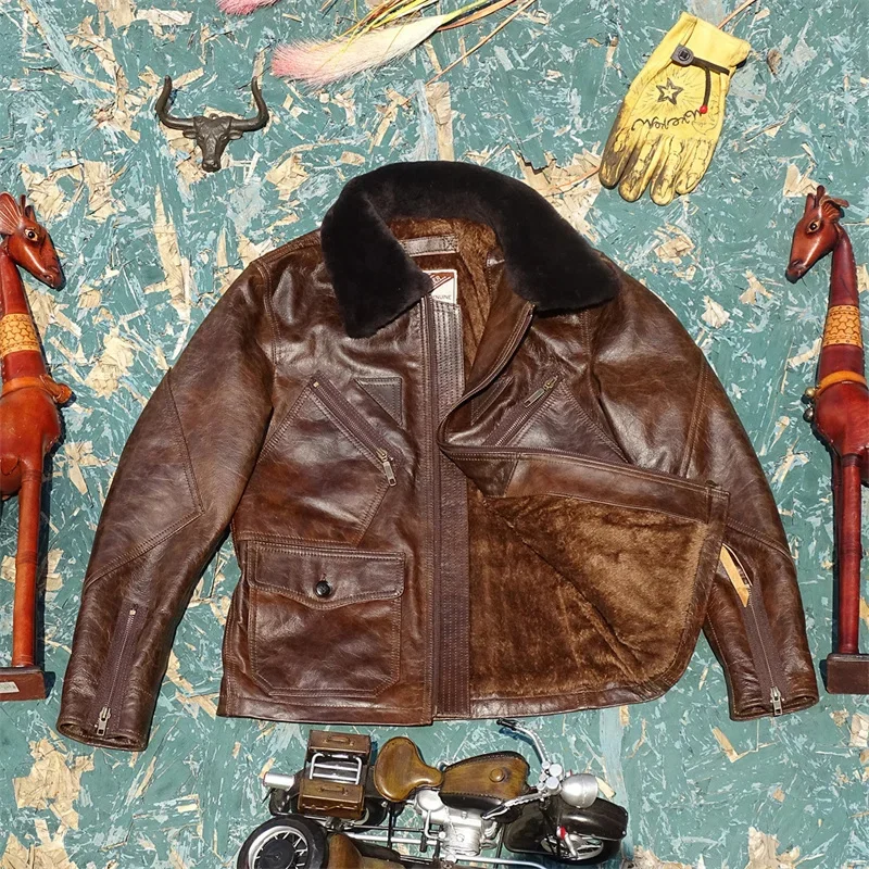 Shop Best.Retro Brown navy thick winter warm leather outwear.Men vintage tanned cowhide jacket.plus size coat