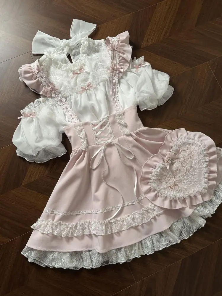 

Summer Girlish Cute Pink Sweet Slim 2-piece Set Japanese Kawaii Warm Fashion Lace Patchwork Dress Suit + White Puff Sleeve Tops