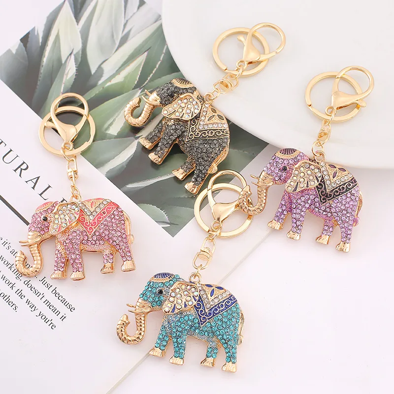 Luxury Cartoon Elephant Key Chain Full Rhinestone Women Handbag Pendant Golden Metal Keyring Crystal Jewelry Key Accessories