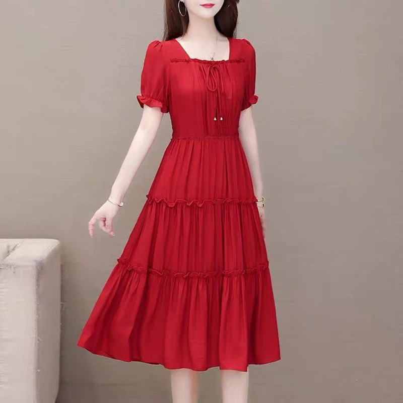 

Elegant Ruffles Folds Lace Up Bow Puff Sleeve Flare Sleeve Party Dress Women's Clothing 2024 Summer Loose Solid Color Midi Dress