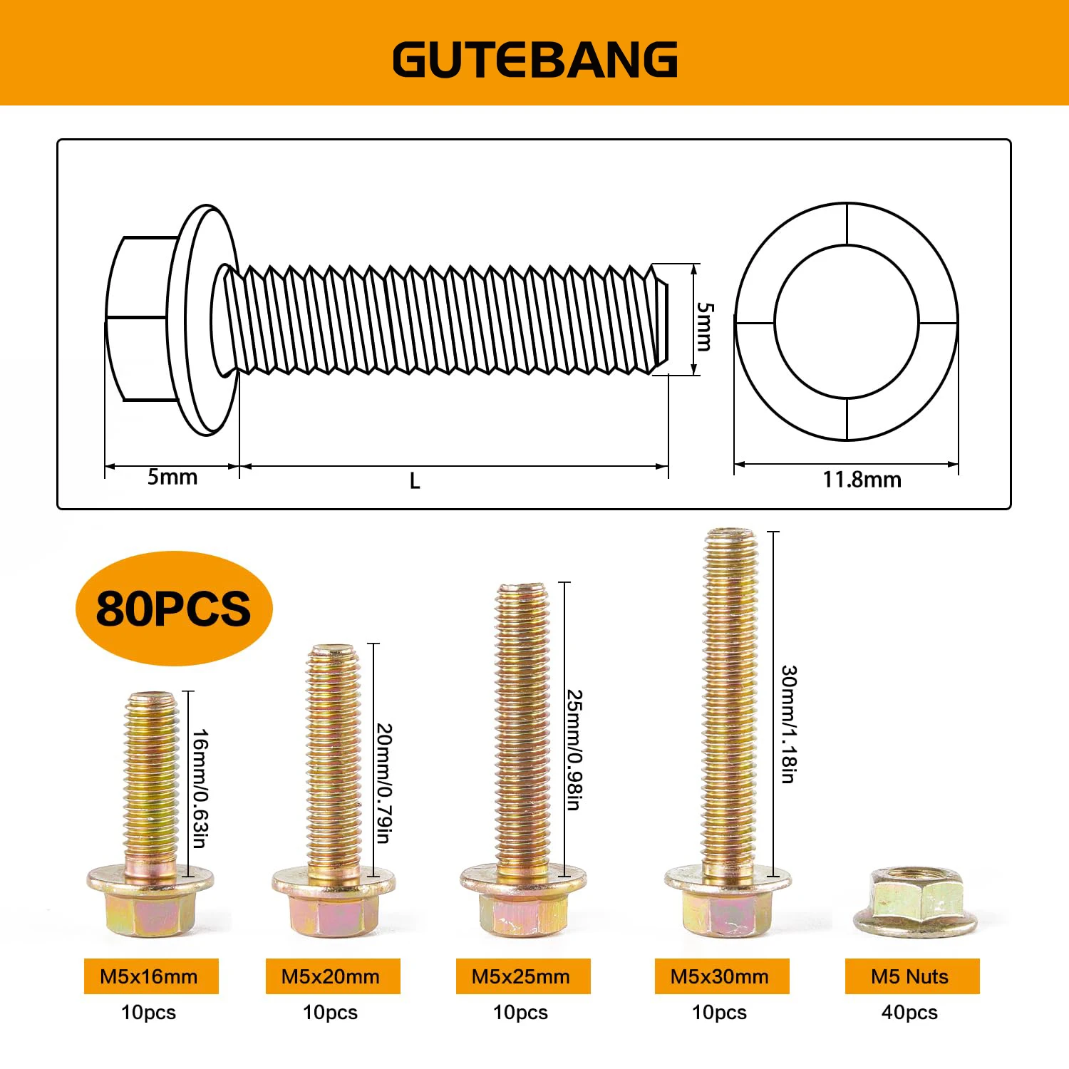 80 قطعة M5x16/20/25/30 مللي متر متري شفة مسدس الترباس مع مجموعة متنوعة من الجوز ، سبائك الصلب الصف 8.8 ، الزنك الأصفر مطلي