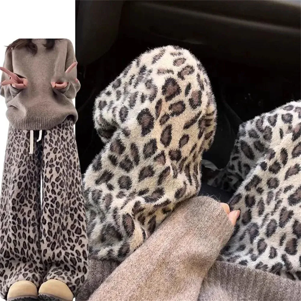 

Leopard Print Warm Pants Women Vintage High Waist Winter Y2k Chic Korean Harajuku Straight Trousers Casual Soft Thicken Clothing