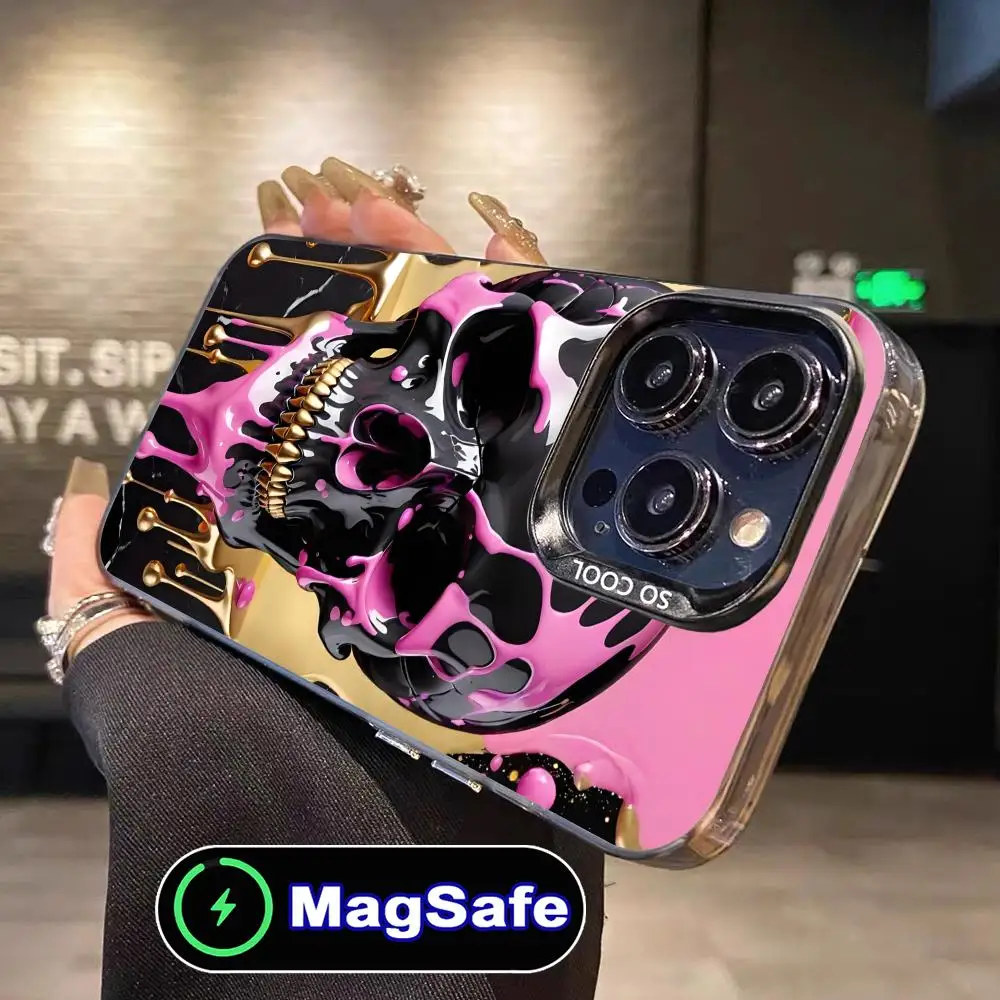 

Чехол для мобильного телефона с серебряным черепом для iPhone 16, 15, 14, 13, 12, 11 Pro Max Plus, полупрозрачный цветной защитный чехол MagSafe для мобильных телефонов