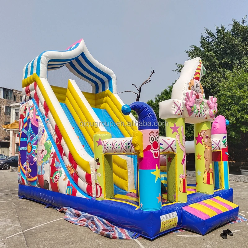 

Promo Customized Cartoon Candy Clown Theme Hot Sale Inflatable Bouncy Castle with Slide