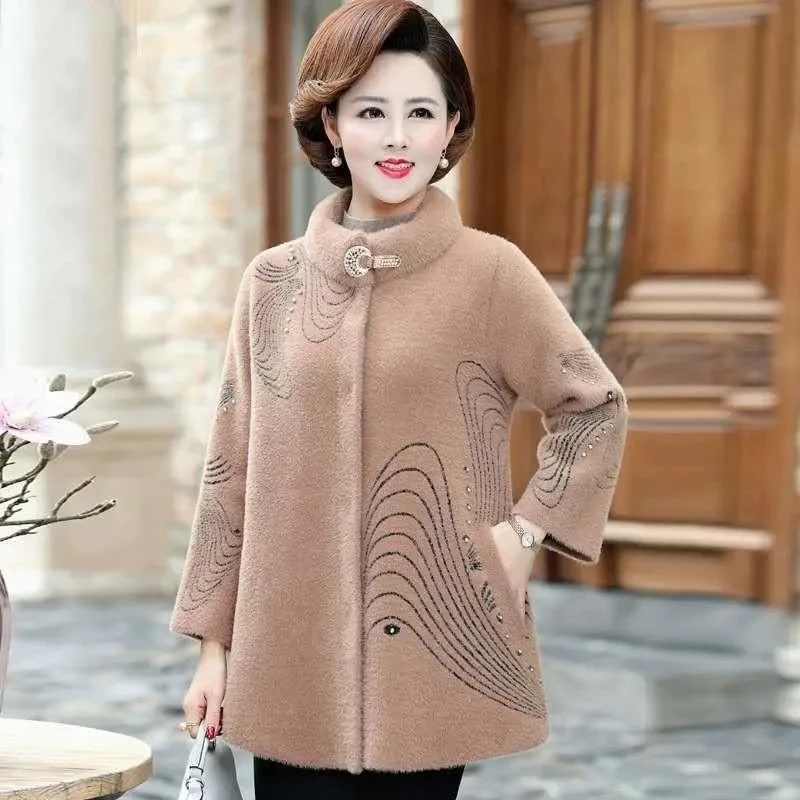 

Middle aged Mother's Autumn Winter Coat 4XL Medium length Stand collar Faux Mink velvet Coats Thicken Loose Wool Overcoat Female