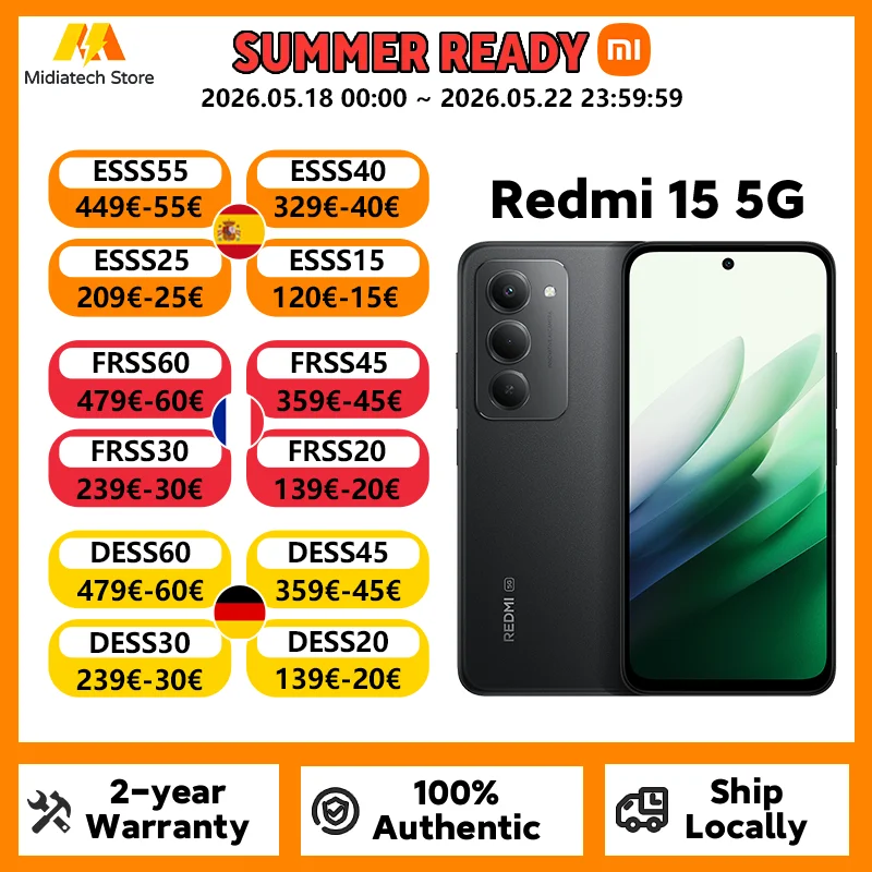 Redmi 15 5G Versión Global, Batería de 7000 mAh (típica), 33 W, Snapdragon ®   Smartphone 6s Gen 3 con Pantalla de 6.9 Pulgadas y 144Hz, Cámara IA de 50MP
