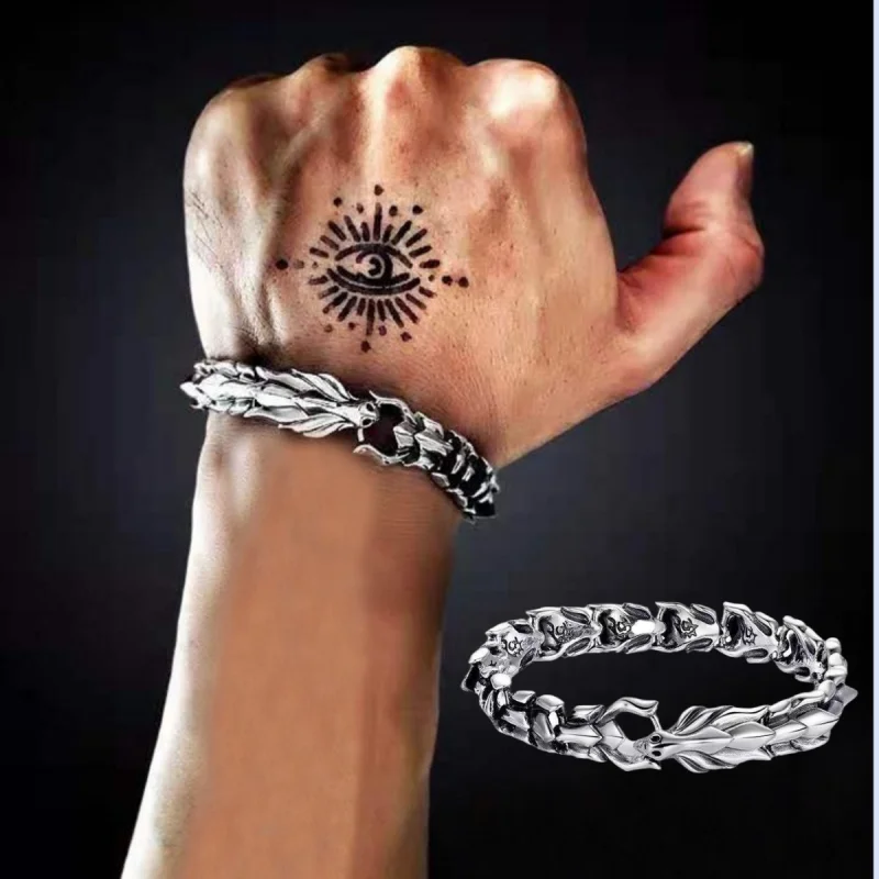 

2025 New Dragon Bracelet Grunge & Punk Men's Stainless Steel Silver Dragon Head Bone Form Heavy Metal Link Bracelet