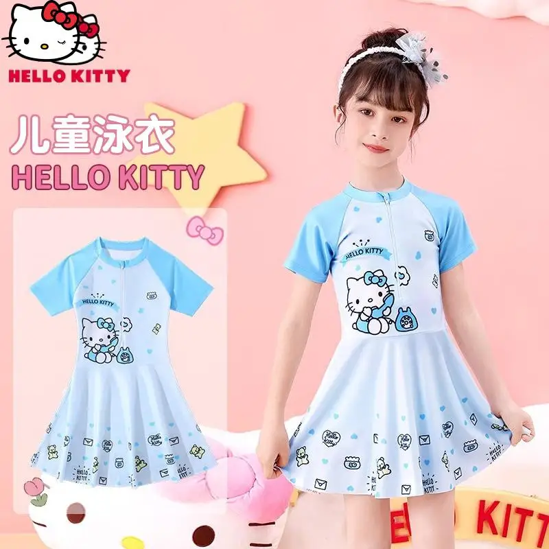 

Hello Kitty Girls Swimwear Sanrion New Summer Cartoon Anime One Piece Princess Swimsuit Kids Kawaii Short Sleeved Quick Drying