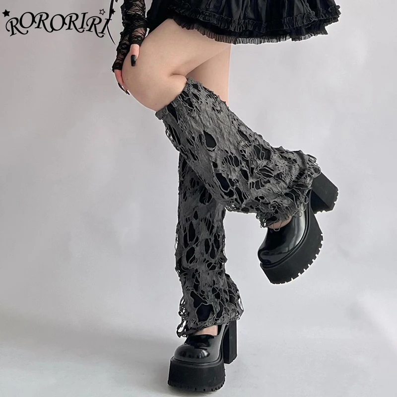 

RORORIRI Punk Ripped Holes Leg Warmers Women Retro Gray Knee Long Socks Casual Solid Ruched Boots Cover Y2K Harajuku Streetwear