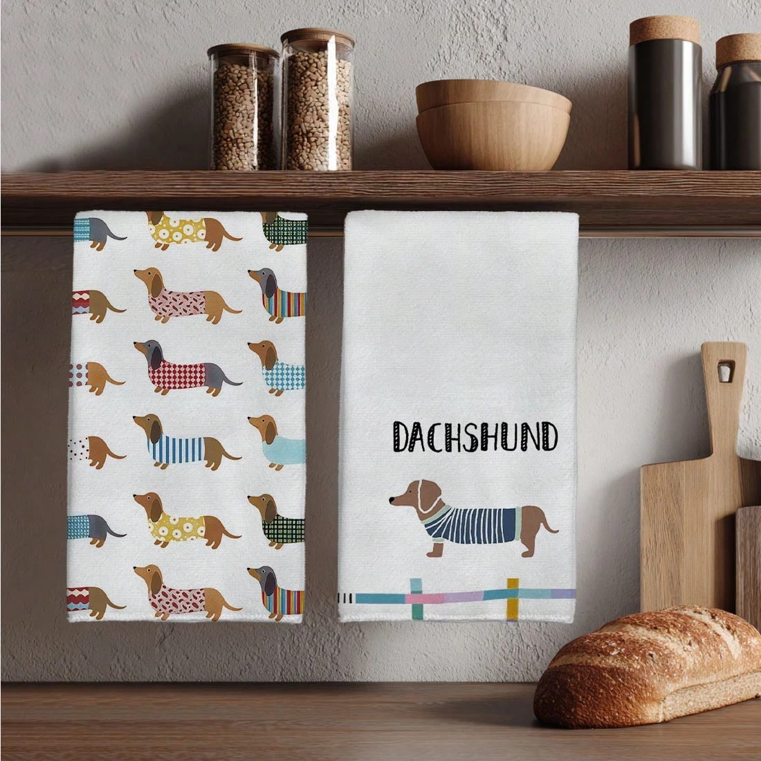 Home Textiles Towel Set - 2PC Watercolor Cartoon Dachshund Kitchen Towels
