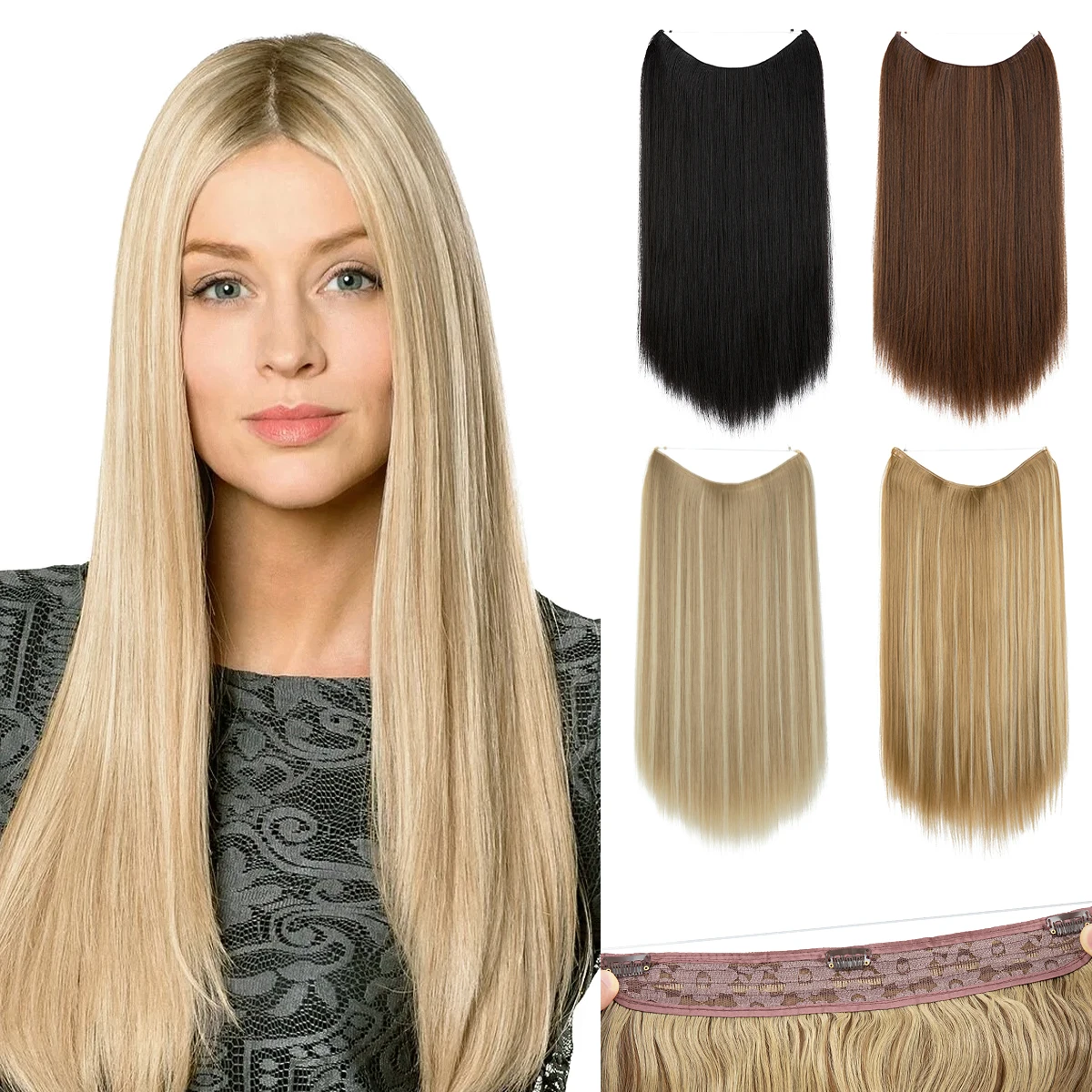 Synthetic Hair Extension Premium Natural Daily Use Invisible Wire With Clips Hair Pieces  Fake  Straight Hairpiece For Women