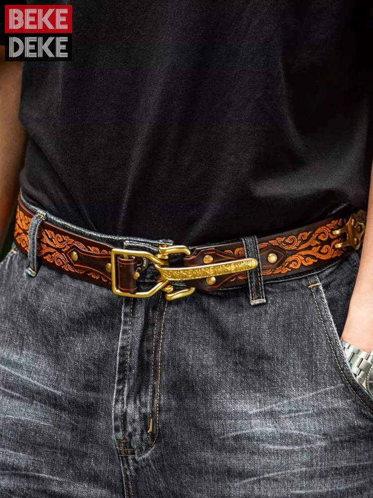 

Handmade Genuine Leather Belt Mens Personality Copper Buckle Embossed Ethnic Style Real Cowskin Waistband Accessory For Jeans