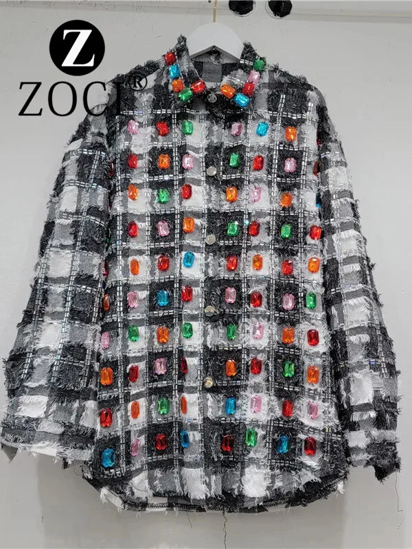 [ZOCI] 2024 New Celebrity Heavy Industry Full Sky Star Hot Diamond Checker Style Shirt Female