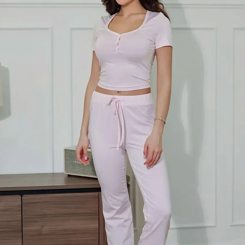 

Новинка лета 2024, повседневные простые женские пижамы, брючный костюм с короткими рукавами, домашняя одежда, костюм из двух предметов
