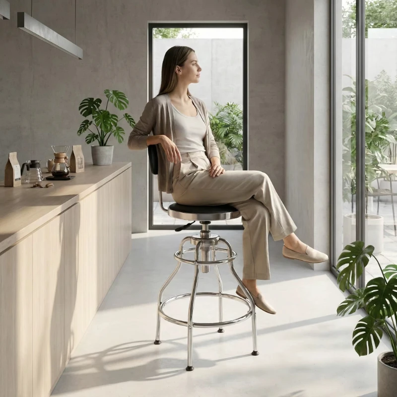 

Регулируемый поворотный барный стул со спинкой, стальной каркас, сиденье из ПВХ, промышленный барный стул для стойки с подставкой для ног