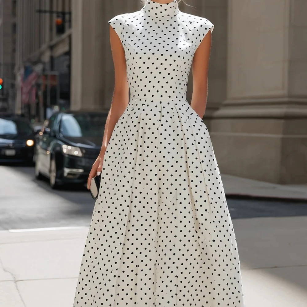 

Customized Women's High Collar Sleeveless Formal Evening Dress Polka Dot A-line Ankle Length Prom Gowns Back Zipper Party Dress