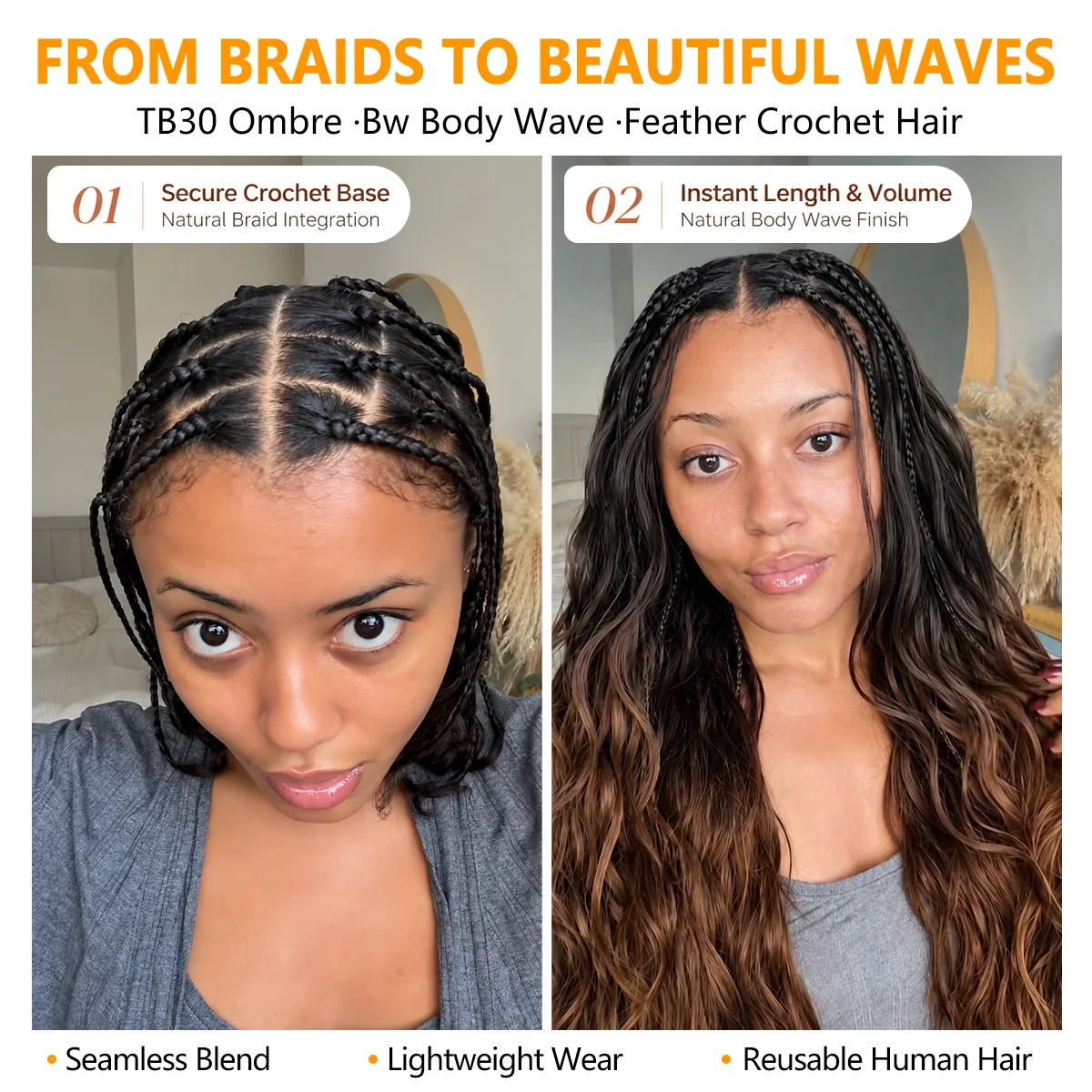 T1B/30 TB30 Ombre Highlight 12A Human Hair Body Wave Crochet Extensions Miracle Knots Feather Invisible Knotless Pre Separated Boho Braiding Hair Natural Look view 7