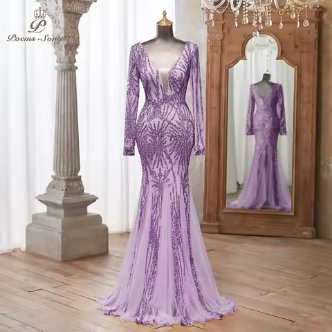 Luxurious Purple Long Sleeve Sequin Evening dress Deep V-Neck Embellished Pattern Mermaid Formal Evening dress Special Events