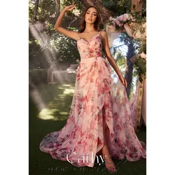 Cathy-Vestidos de Baile de Espaguete com Apliques, Organza Linha A, Sem Mangas, Trem de Capela, Zip, Coquetel, 2024