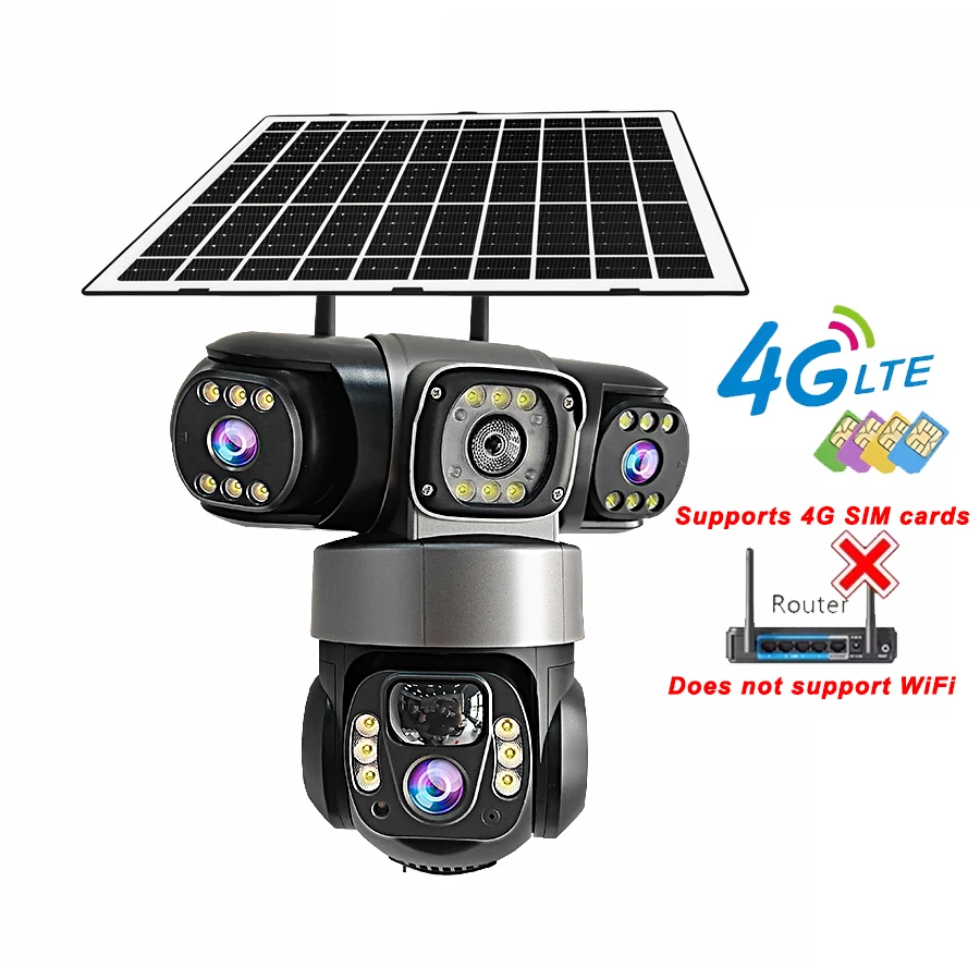 Kamera bezpieczeństwa V380 Pro Solar Outdoor z potrójnym obiektywem, detekcją humanoidów, dwukierunkowym audio, obsługą 4G SIM, noktowizją, automatycznym śledzeniem, alarmem i kolorową noktowizją, — 2