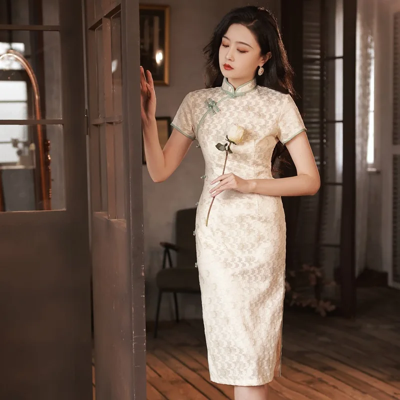 Yourqipao Summer Modern Classical Composite Lace Bronzing Improved Cheongsam Retro Chinese Traditional Qipao Dress for Women