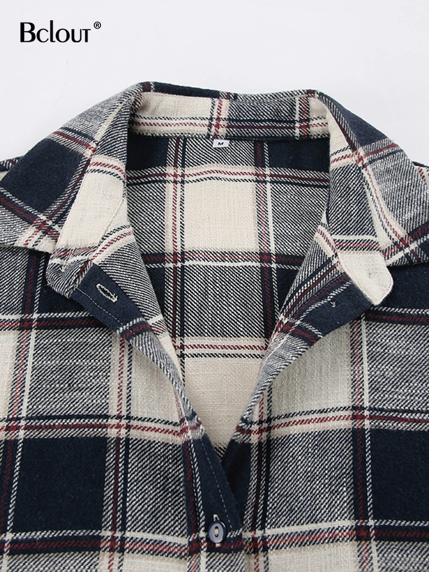 Bclout-Chemisiers à carreaux en coton vintage pour femmes, chemises de bureau à manches longues, streetwear à la mode, haut d\'hiver, 2024