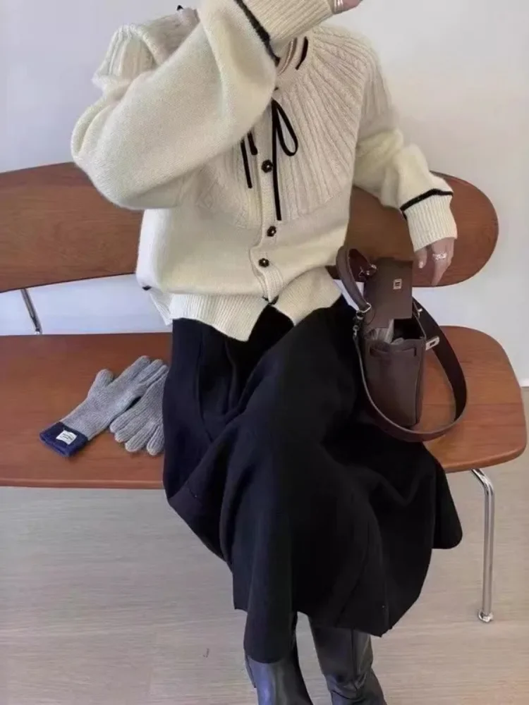 

Винтажные новые однотонные куртки-кардиганы, женская одежда, однобортный вязаный бандажный свитер с круглым вырезом, корейский Sueter Mujer