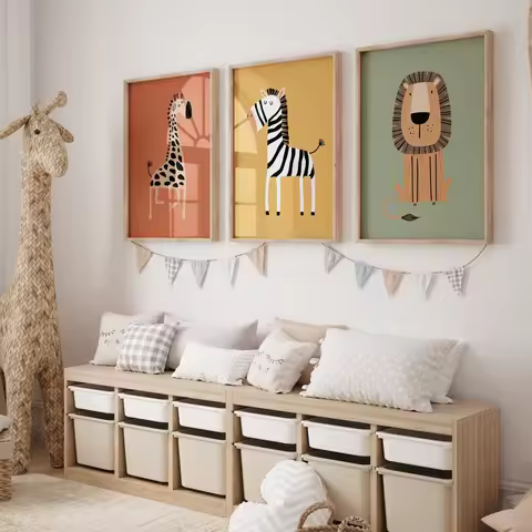 Safari Animal Nursery Prints Canvas Poster Boho Jungle Wall Art Decor Birthday Baptism Gift Home Bedroom Living Room Decoration