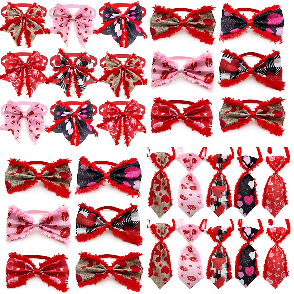 50pcs Cute Plush Valentine\'s Day Style Pet Dog Bowtie Adjustable Dog Collar Pet Bow Neckties for Small Dog Pet Supplies Red Bows