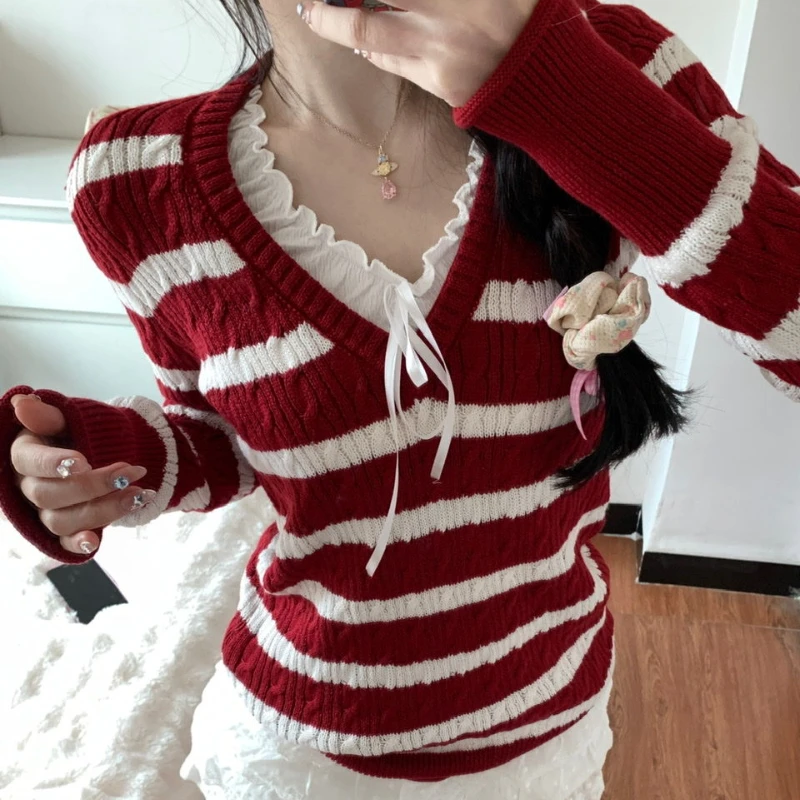 Deeptown Sweet Striped Sweater Women Elegant Red Knitted Pullovers Korean Style Long Sleeve Autumn Winter Sweaters Aesthetics