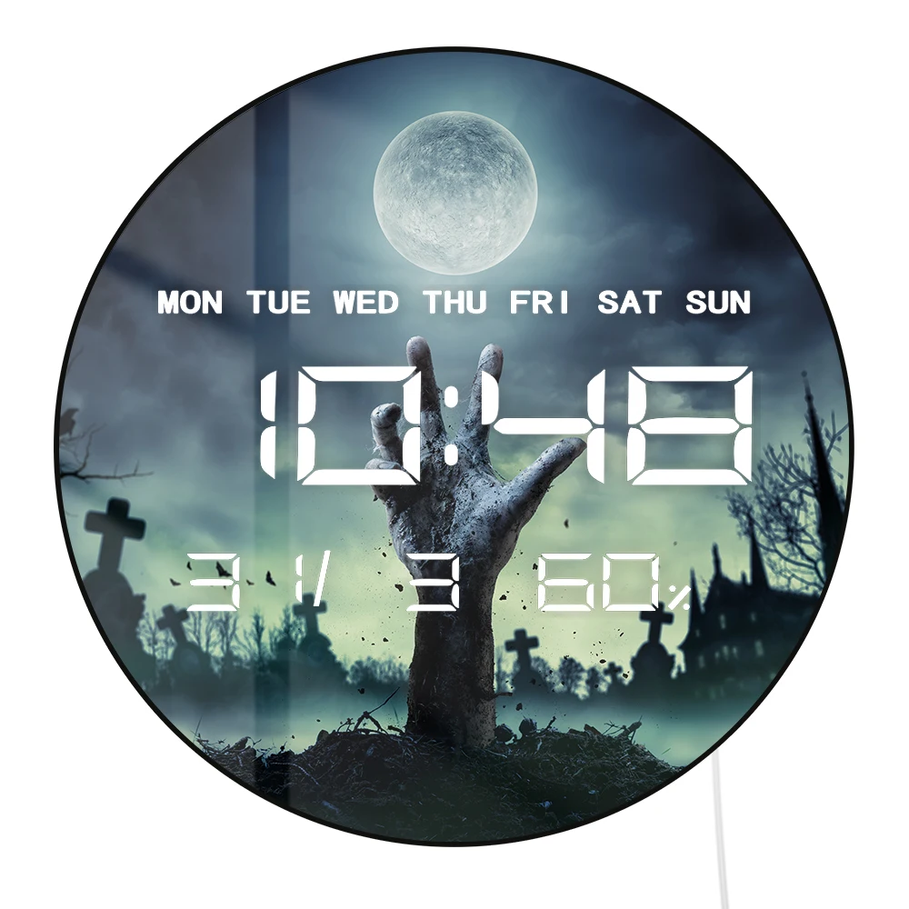 Zombie Hand Rising Out Of A Grave Horror Design Wall Clock with Timer Date Temperature Display Halloween LED Digital Wall Clock