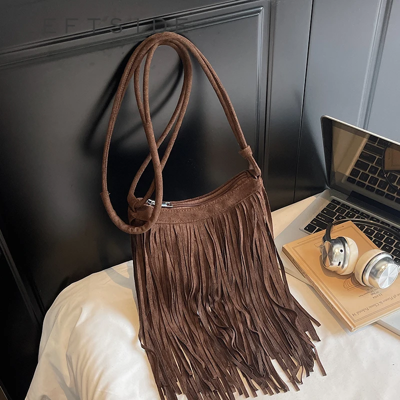 

LEFTSIDE Design Small PU Leather Shoulder Bags for Women 2025 Winter Tassels Crossbody Bag Females Retro ​Handbags and Purses