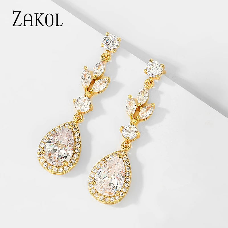 ZAKOL Fashion Leaf Bridal Earrings Water Drop Cubic Zircon Dangle Earrings For Women Wholesale EP2406