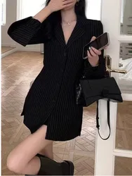 Summer fashion women's clothing lapel striped single breasted new long sleeved shirt slim fit exotic versatile mid length GA59