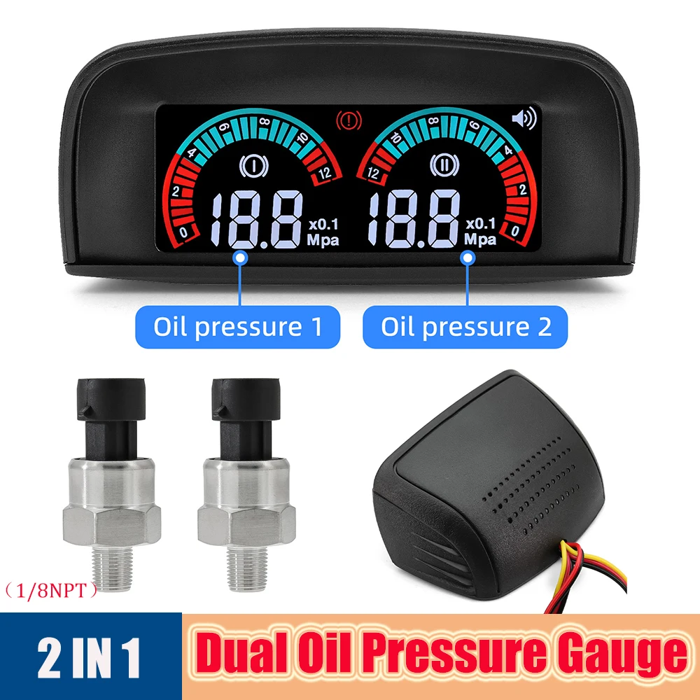 12V Universal Auto Car Oil Pressure Meter Dual LED MPA Instruments Kit Fuel Pressure Sensor NPT 1/8 M10 x 1.0 with Alarm Sound