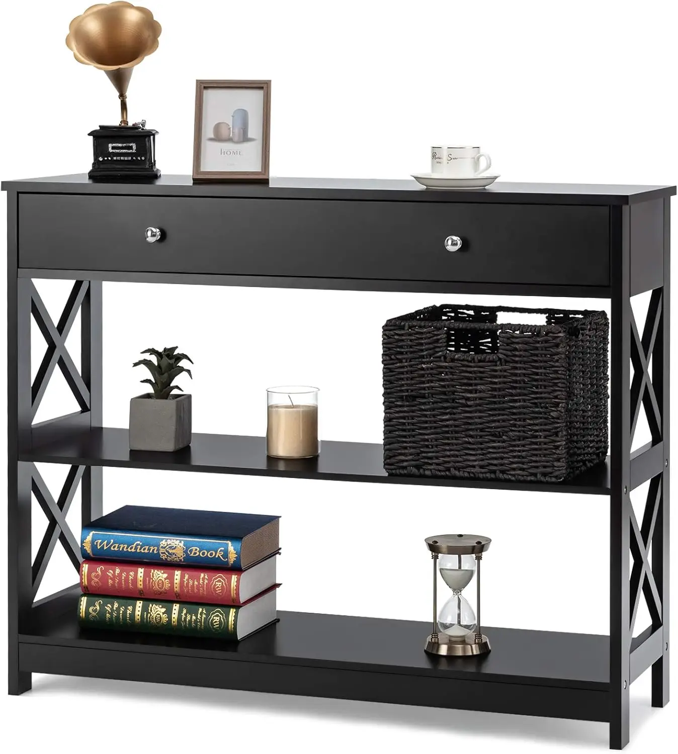 

3-Tier Console Table with Drawers, Compact Sofa Table with 2 Shelves and Spacious Desktop, Elegant Entryway Table, Moder