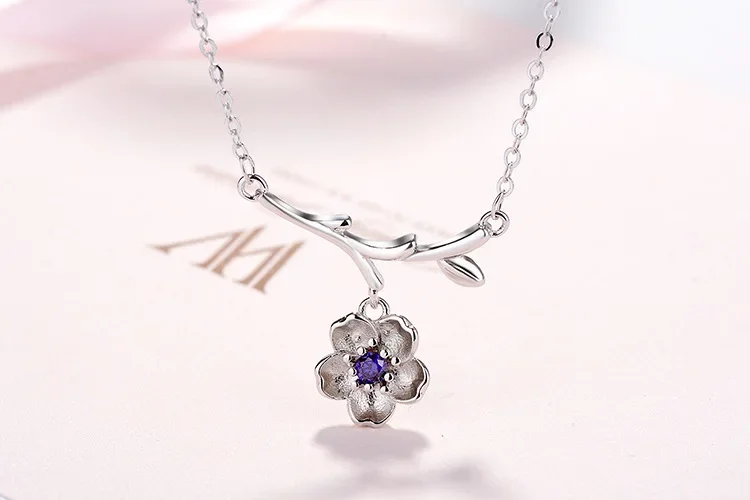 925 فضة ساكورا زهرة القلائد و المعلقات أزهار الكرز مع سلسلة المختنق قلادة مجوهرات الزفاف طوق Colar #3