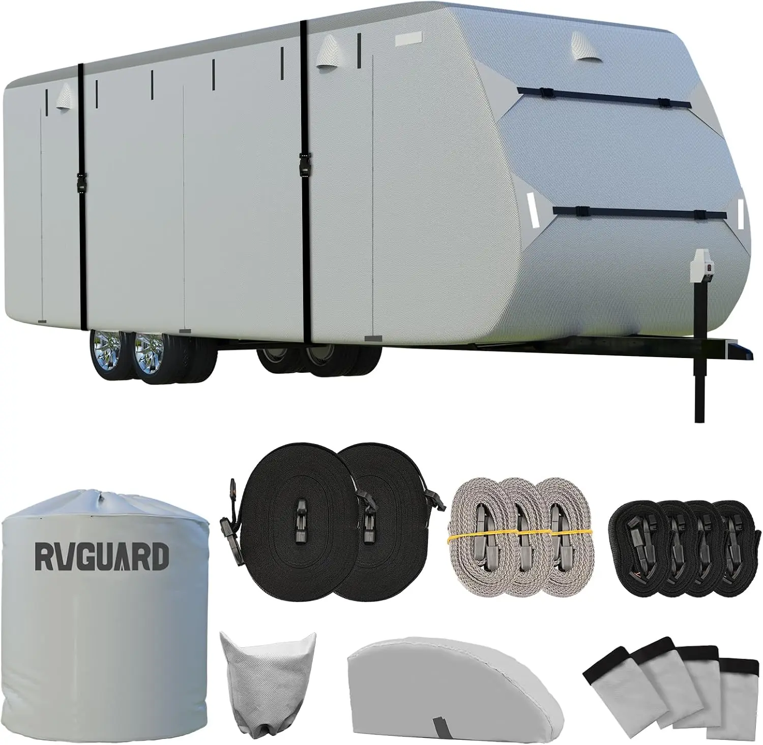 RV Cover, Travel Trailer Cover fits for 24' - 27' RV, 6 Layers Anti-UV Waterproof Camper Cover, with Tongue Jack Cover and Storage Bag, Grey