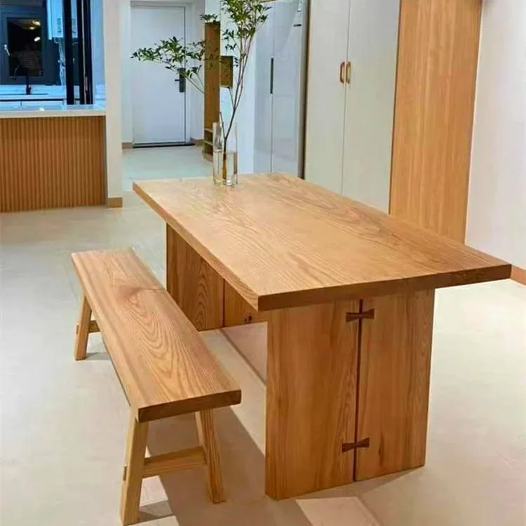 Ash wood double panel large board dining table dining table log workbench solid wood table natural style