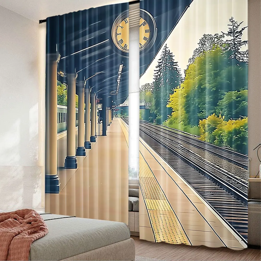 2Pcs Train Station Curtain For Party Decorations Brick Floor Pillar Clock Railroad Tree For Living Room Bedroom