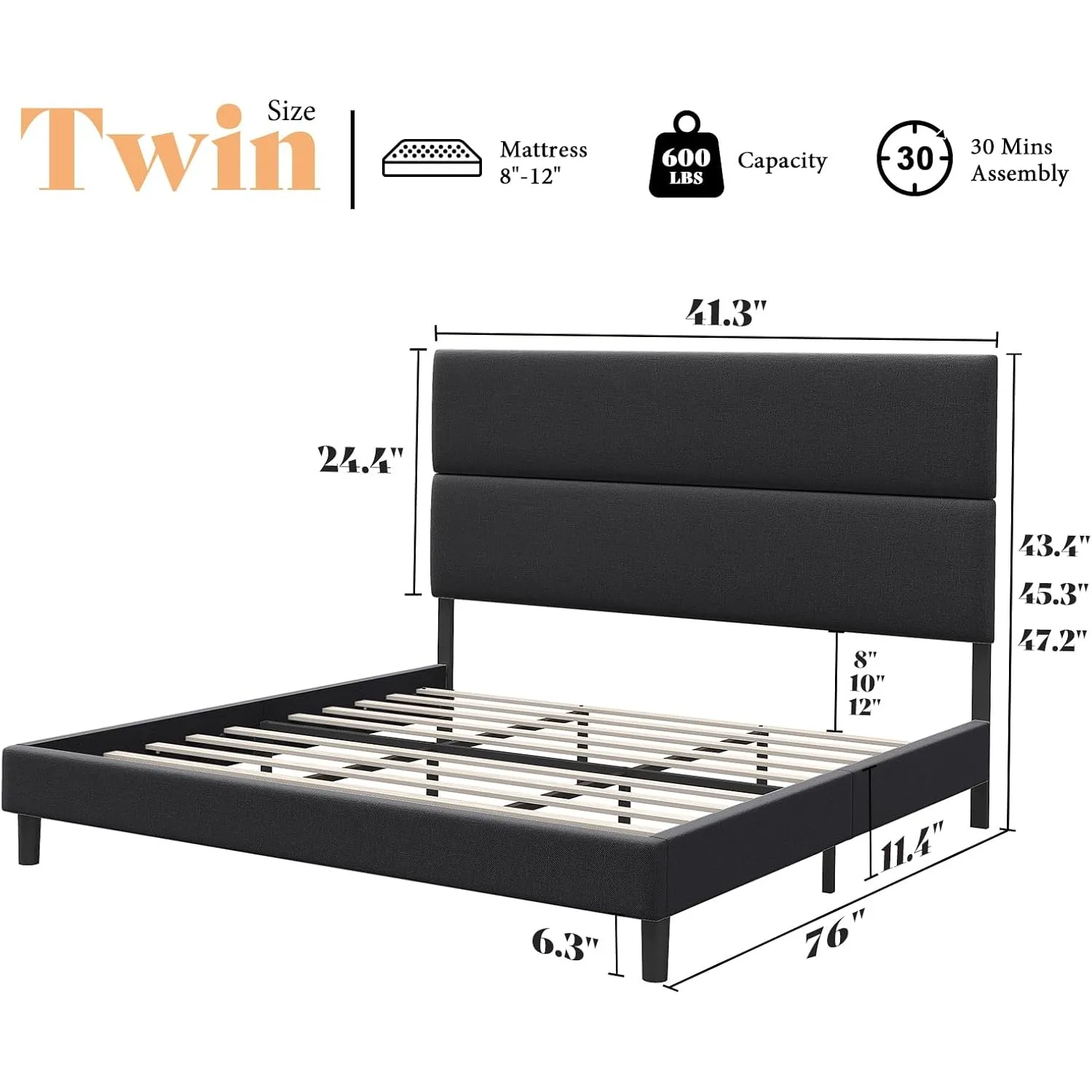 Twin Size Bed Frame with Adjustable Headboard, Upholstered Platform Bed/Strong Wood Slats Support/Easy Assembly/Noise-Free