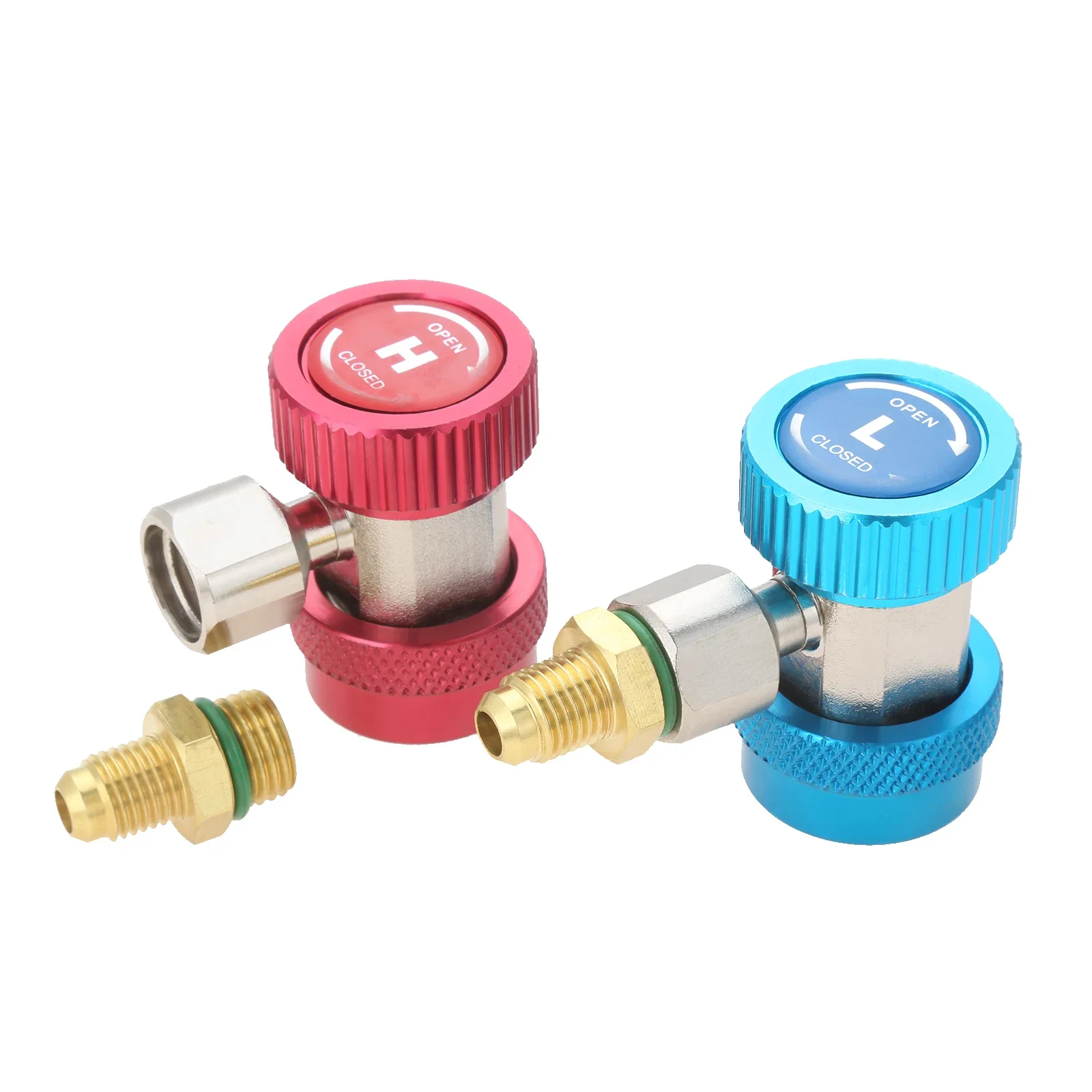 1 Set (2Pcs) Car AC R134A Adjustable Quick Coupler Connector Kits,High 16mm Low 13mm Brass Adapter Valve M14 and 1/4