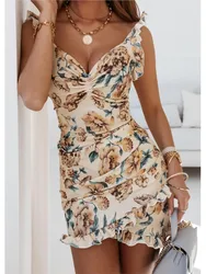 2025 Women Vintage Floral Print Short Party Dresses Ruffled Sleeveless V Neck Irregular Fishtail Hem Mini Dress Bodycon Vestidos