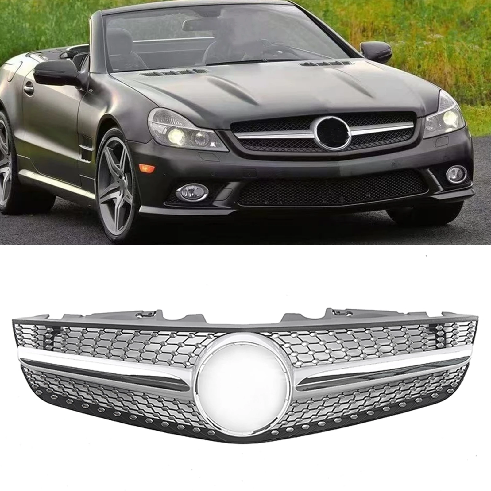 Front Grille Racing Grill For Mercedes-Benz R230 SL-Class 2009-2012 SL500 SL550 SL600 Black/Silver Upper Bumper Hood Mesh Grid