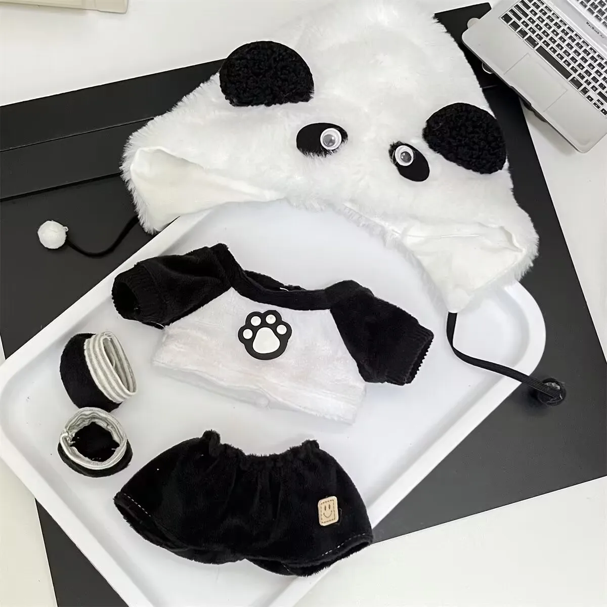 【 판다 자이 자이 】20cm 면 인형 의류 세트, 어린이를 위한 흑백 판다 봉제 인형 드레스업