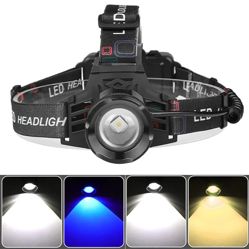 

Pro 30W XHP70 LED Hunting Headlamp Zoom Blue LED Fishing Head Torch Light 18650 USB-C Yellow LED Emergency Searchlight Strobe