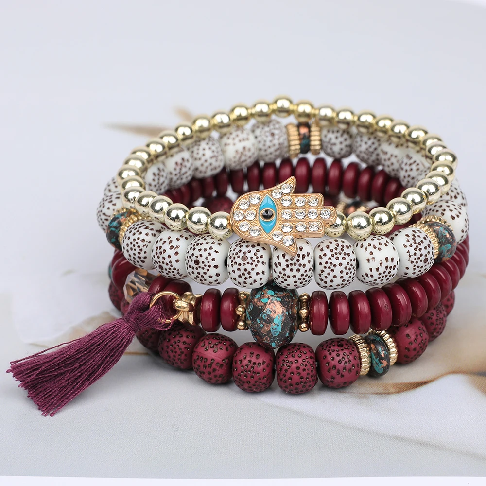 4Pcs Bohemian Evil Eye Bracelet Set for Women Crystal Fatima Hand Tassel Charm Stone Beads Chain Bangle