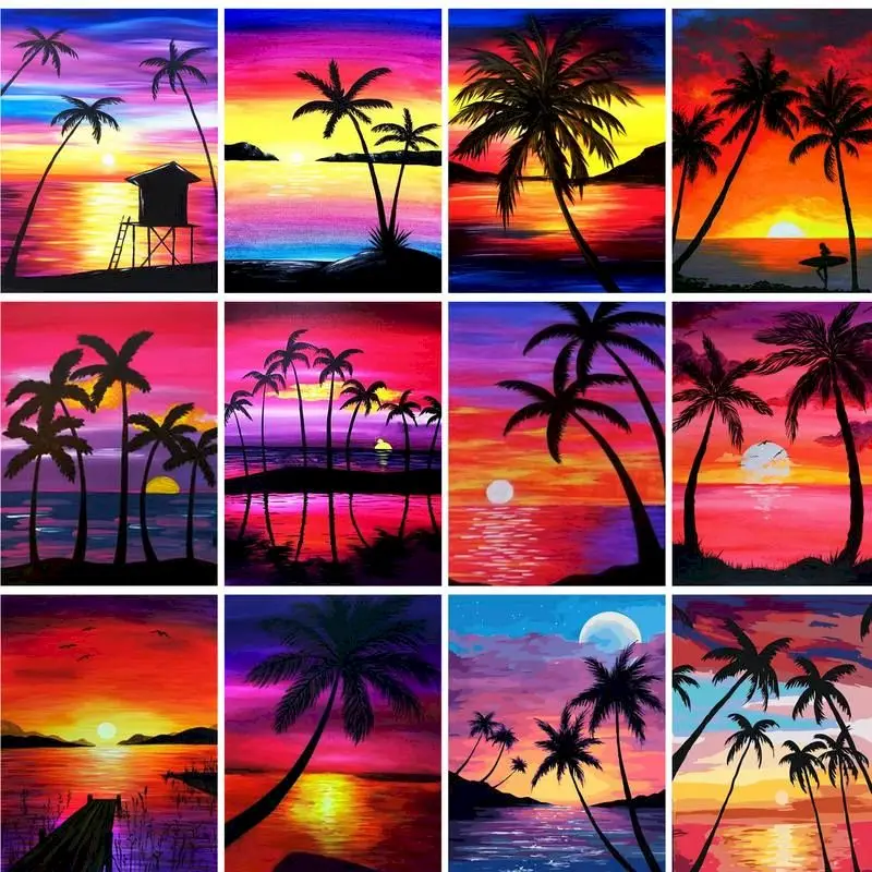 

GATYZTORY Acrylic Painting By Numbers Handmade Seaside Sunset Coconut Tree Pictures By Numbers For Adults Artwork Gift Wall Art